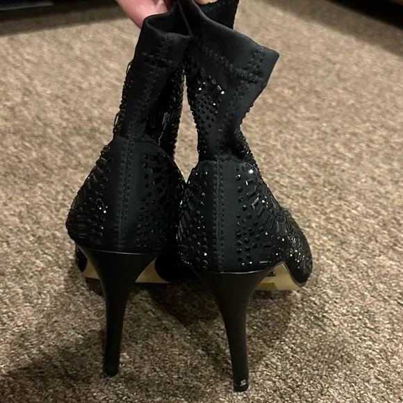 Lauren Lorraine Emma Black Sequin Rhinestone Peep-Toe Stiletto Heel Bootie 8M - Picture 3 of 7